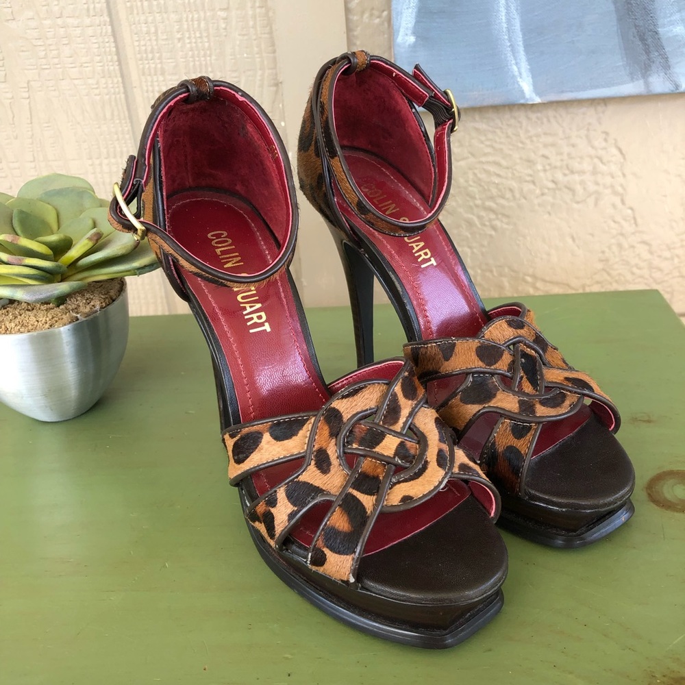 Colin Stuart Heels Leopard Print Faux Fur